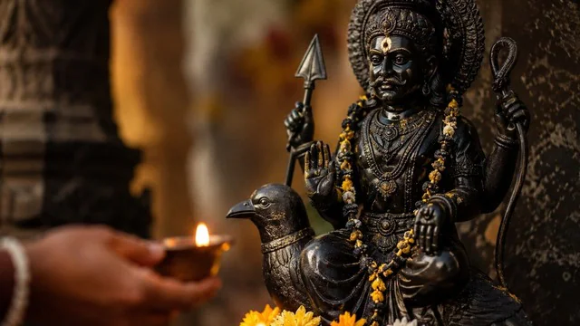 शनि जयंती 2026 में शनिदेव को अपराजिता फूल अर्पित करते श्रद्धालु