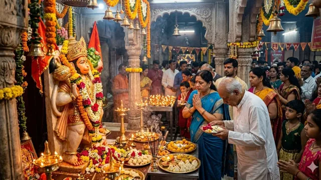 “दूसरा बड़ा मंगल 2026 पर पंचमुखी हनुमान जी की पूजा करते भक्त, सिंदूर चोला और दीपक के साथ धार्मिक दृश्य”