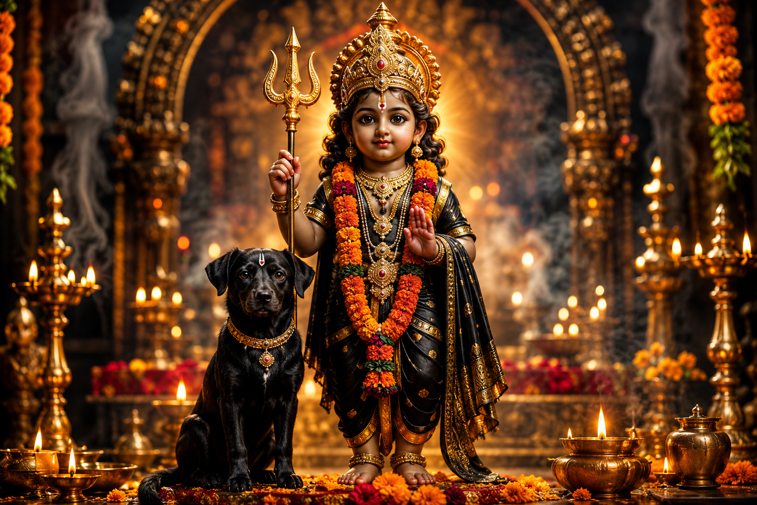 भगवान बटुक भैरव की दिव्य बाल स्वरूप प्रतिमा, बटुक भैरव जयंती पूजा और भक्तों की आराधना का पवित्र दृश्य