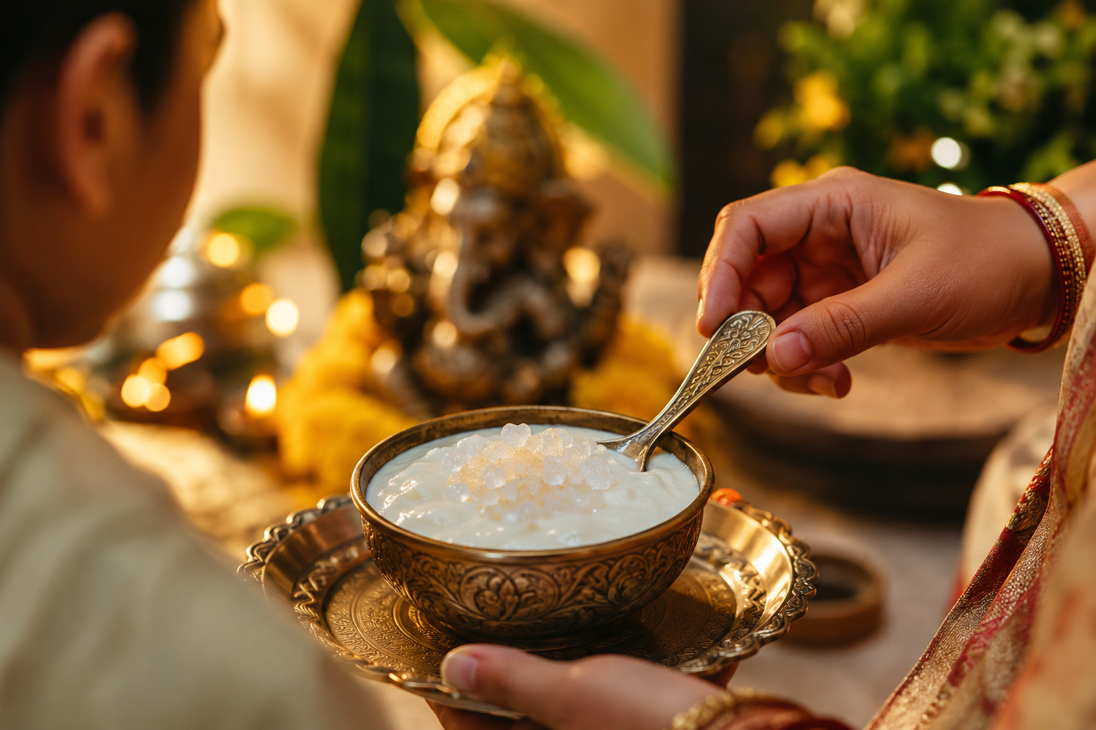 घर से निकलने से पहले दही-शक्कर खाते हुए व्यक्ति, भारतीय परंपरा और शुभ शुरुआत का प्रतीक