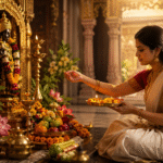 पूजा में दाहिने हाथ से भगवान को जल अर्पित करता हुआ श्रद्धालु, धार्मिक अनुष्ठान का दृश्य