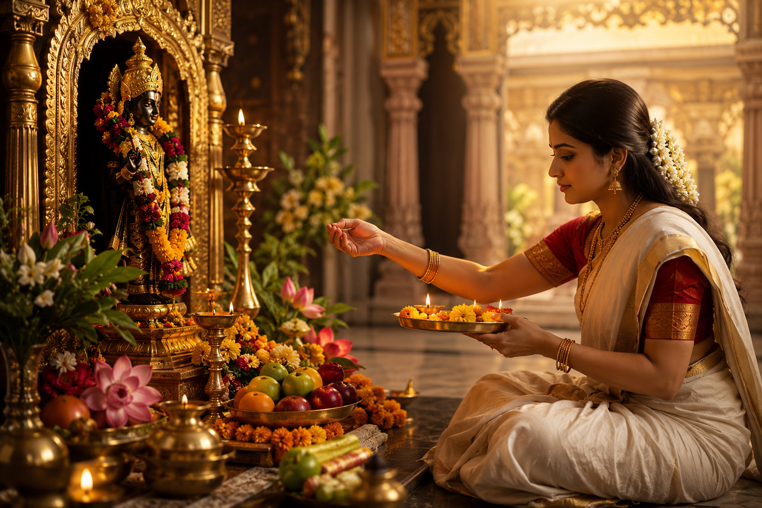 पूजा में दाहिने हाथ से भगवान को जल अर्पित करता हुआ श्रद्धालु, धार्मिक अनुष्ठान का दृश्य