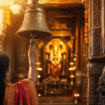 मंदिर के प्रवेश द्वार पर लगी घंटी बजाते हुए श्रद्धालु, धार्मिक परंपरा और आध्यात्मिक महत्व का दृश्य।