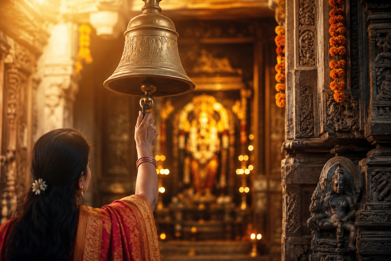 मंदिर के प्रवेश द्वार पर लगी घंटी बजाते हुए श्रद्धालु, धार्मिक परंपरा और आध्यात्मिक महत्व का दृश्य।