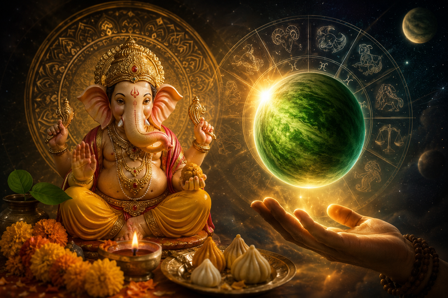 बुध ग्रह के अस्त होने का ज्योतिषीय प्रभाव दर्शाता चित्र, जिसमें भगवान बुध और राशि चक्र के साथ मिथुन, कन्या, वृश्चिक और मीन राशि का संकेत दिखाई दे रहा है।