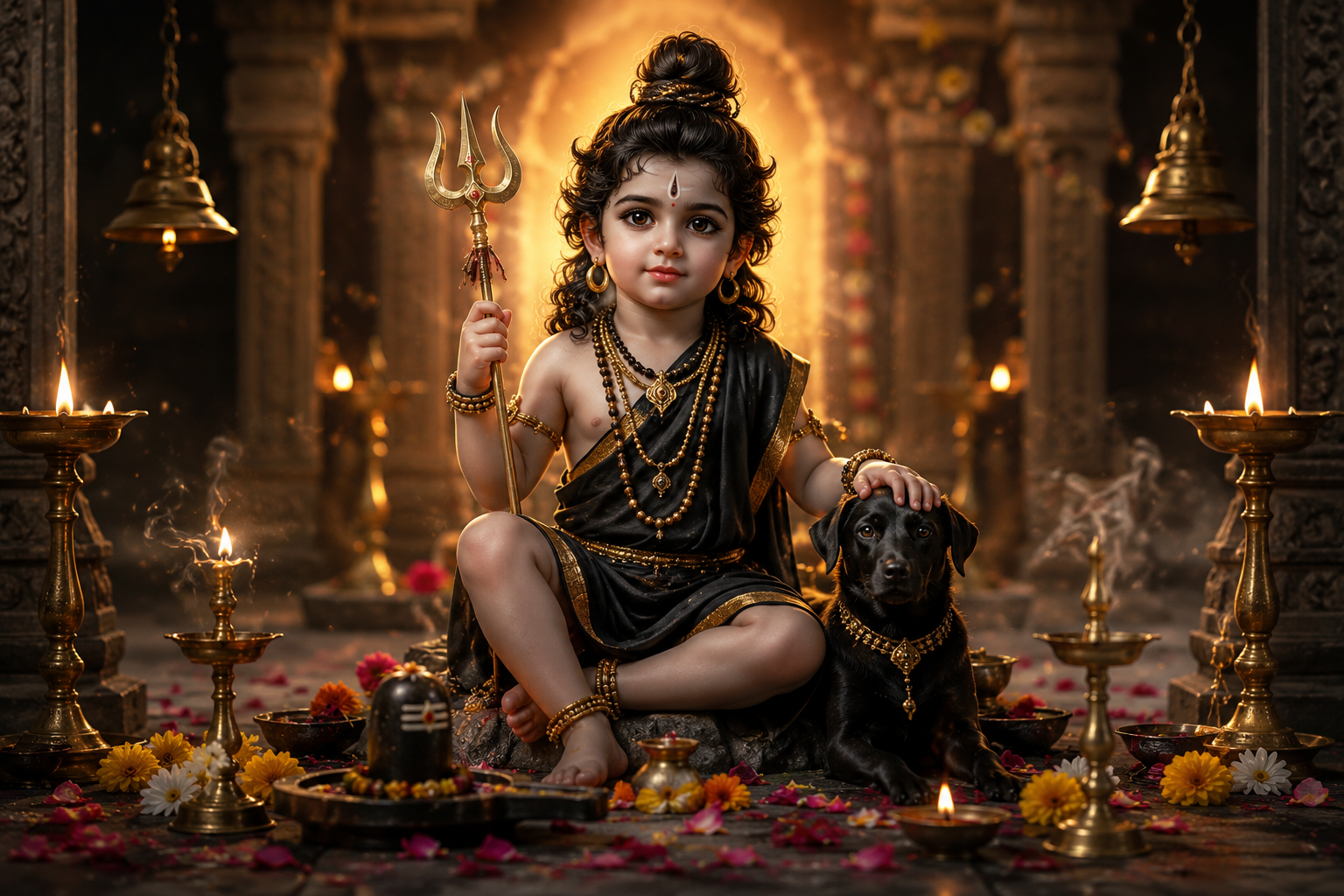 भगवान बटुक भैरव के बाल स्वरूप की प्रतिमा, दीपक, लाल पुष्प और पूजा सामग्री के साथ बटुक भैरव जयंती 2026 की पूजा का दृश्य।