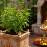 तुलसी के पौधे पर लगी मंजरी, जिसे सनातन धर्म में शुभता, समृद्धि और माता लक्ष्मी की कृपा का प्रतीक माना जाता है।