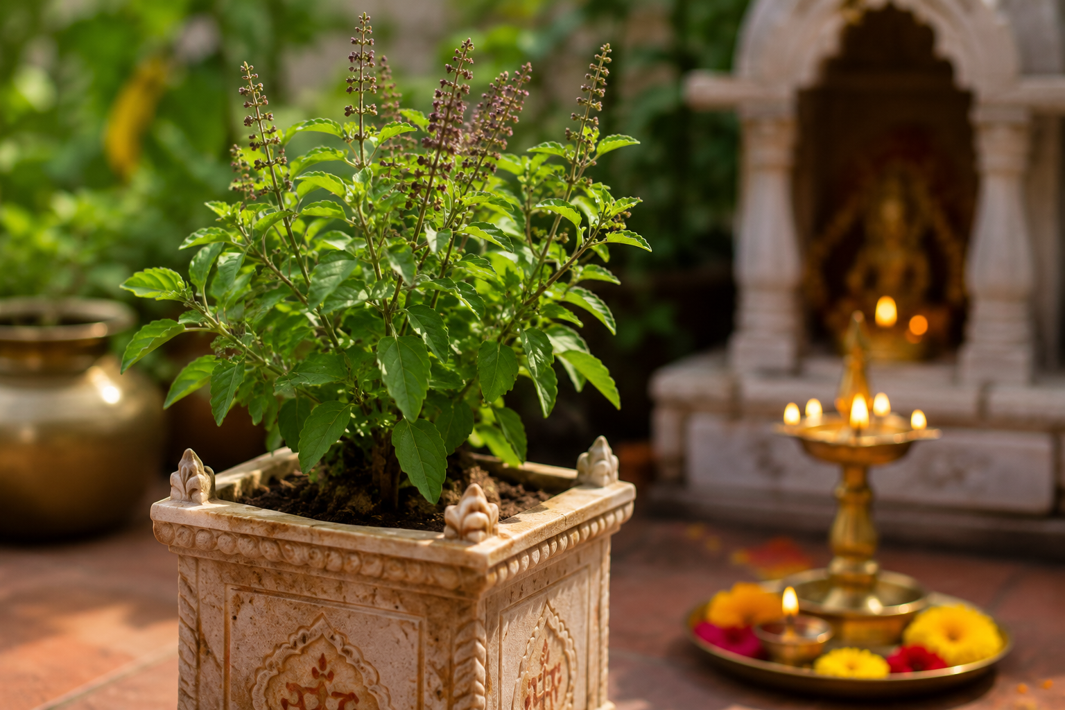 तुलसी के पौधे पर लगी मंजरी, जिसे सनातन धर्म में शुभता, समृद्धि और माता लक्ष्मी की कृपा का प्रतीक माना जाता है।