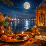 ज्येष्ठ पूर्णिमा 2026 पर भगवान विष्णु, माता लक्ष्मी और चंद्रदेव की पूजा करते श्रद्धालु तथा पूर्णिमा का चंद्रमा।