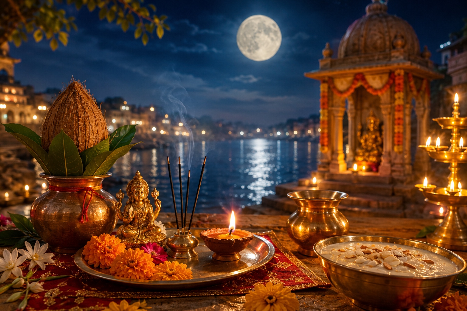 ज्येष्ठ पूर्णिमा 2026 पर भगवान विष्णु, माता लक्ष्मी और चंद्रदेव की पूजा करते श्रद्धालु तथा पूर्णिमा का चंद्रमा।