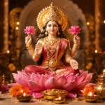 शुक्रवार व्रत के दौरान माता लक्ष्मी और संतोषी माता की पूजा करती हुई श्रद्धालु महिला