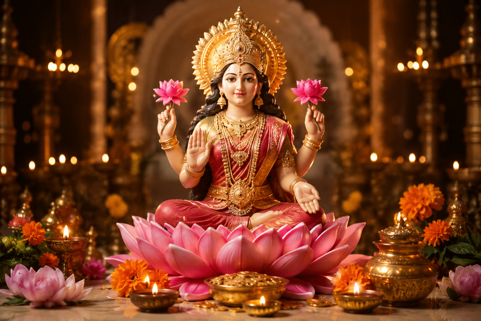 शुक्रवार व्रत के दौरान माता लक्ष्मी और संतोषी माता की पूजा करती हुई श्रद्धालु महिला