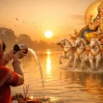 अधिक भानु सप्तमी 2026 पर उगते सूर्य देव को तांबे के लोटे से अर्घ्य अर्पित करते श्रद्धालु