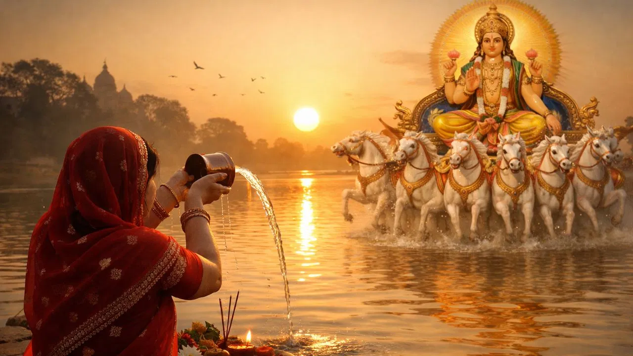 अधिक भानु सप्तमी 2026 पर उगते सूर्य देव को तांबे के लोटे से अर्घ्य अर्पित करते श्रद्धालु