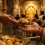 मेहंदीपुर बालाजी, कामाख्या, काल भैरव और अन्य प्रसिद्ध मंदिरों में प्रसाद ग्रहण करते श्रद्धालु, जहां प्रसाद घर ले जाने की विशेष धार्मिक परंपरा नहीं है।