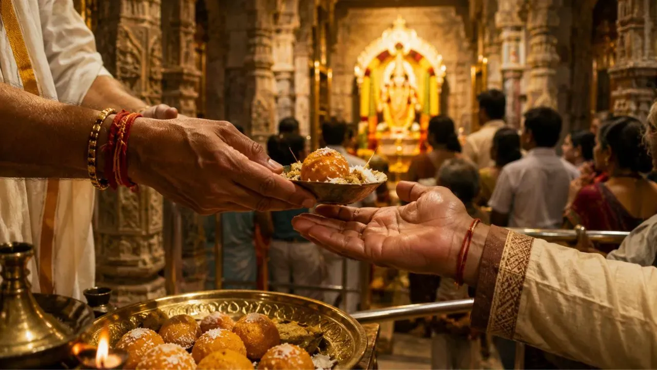 मेहंदीपुर बालाजी, कामाख्या, काल भैरव और अन्य प्रसिद्ध मंदिरों में प्रसाद ग्रहण करते श्रद्धालु, जहां प्रसाद घर ले जाने की विशेष धार्मिक परंपरा नहीं है।