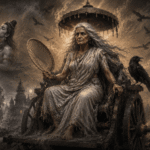 मां धूमावती जयंती से जुड़ा धार्मिक चित्र, जिसमें देवी धूमावती का रहस्यमय स्वरूप दर्शाया गया है।