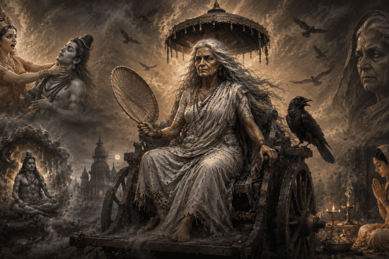 मां धूमावती जयंती से जुड़ा धार्मिक चित्र, जिसमें देवी धूमावती का रहस्यमय स्वरूप दर्शाया गया है।