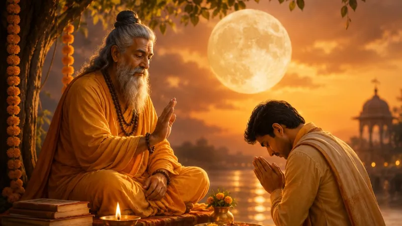 गुरु पूर्णिमा 2026 पर गुरु पूजन करते श्रद्धालु और महर्षि वेदव्यास की आध्यात्मिक छवि