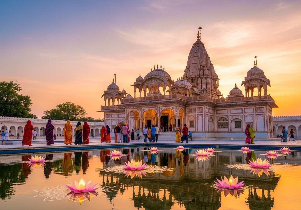 देवशयनी एकादशी के अवसर पर फूलों और आकर्षक रोशनी से सजे राजस्थान के खाटूश्याम जी मंदिर में दर्शन के लिए लंबी कतारों में खड़े श्रद्धालु।