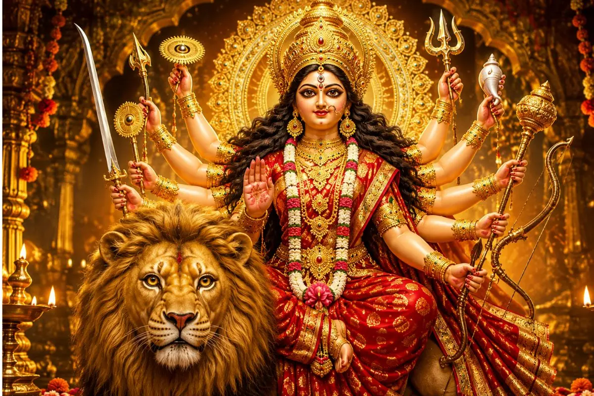 आषाढ़ गुप्त नवरात्रि 2026 में कलश स्थापना करते श्रद्धालु और मां दुर्गा की पूजा का दृश्य।