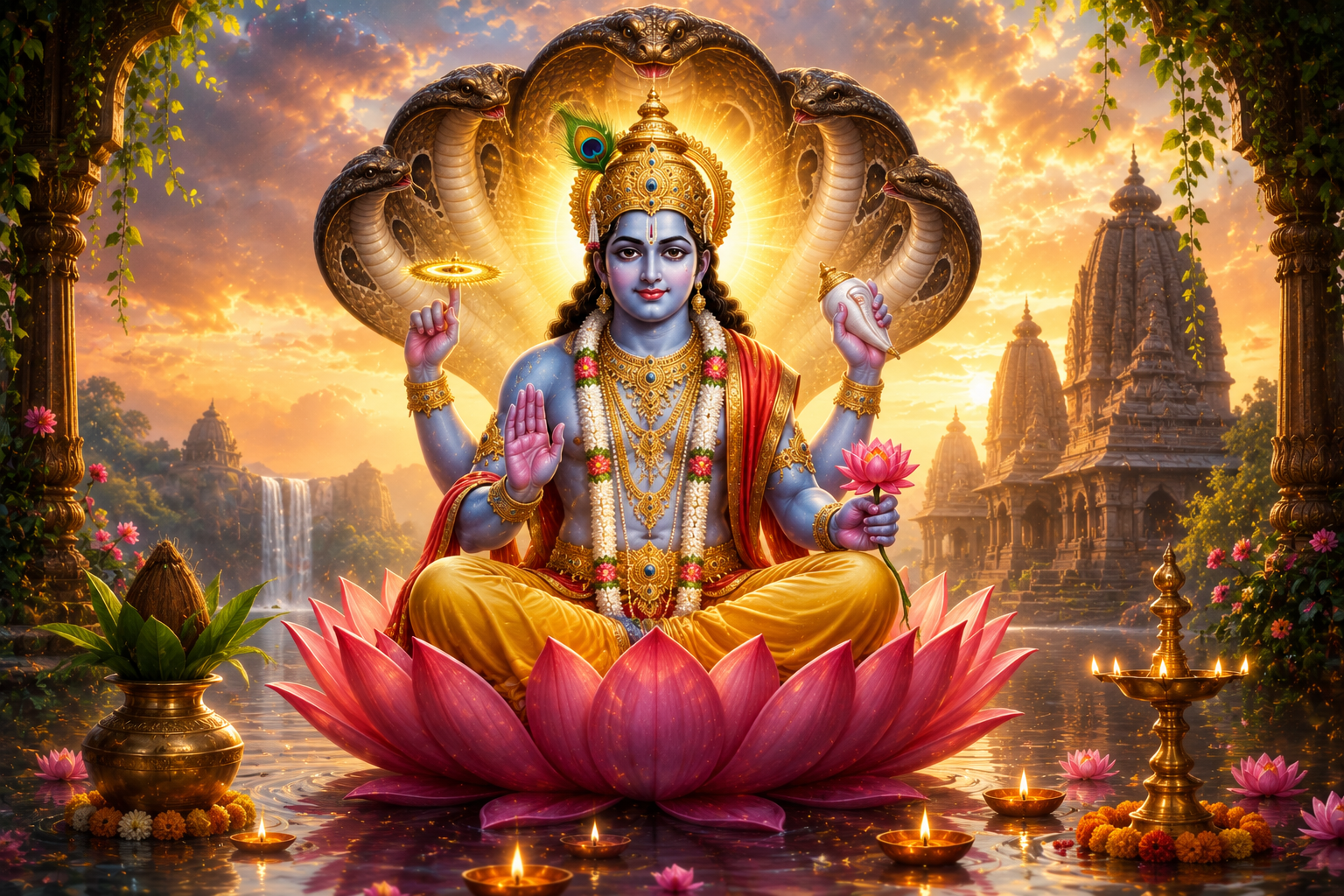 भगवान विष्णु की प्रतिमा, तुलसी दल, दीपक और पूजा सामग्री के साथ योगिनी एकादशी व्रत का धार्मिक दृश्य