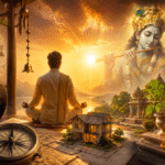 ध्यान मुद्रा में प्रार्थना करता व्यक्ति, पृष्ठभूमि में भारतीय वास्तु शास्त्र के दिशात्मक चिन्ह और घर का प्रतीकात्मक दृश्य