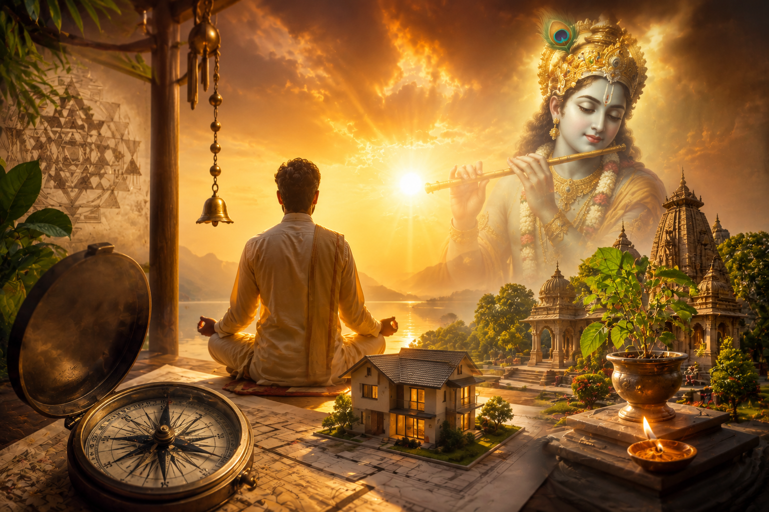 ध्यान मुद्रा में प्रार्थना करता व्यक्ति, पृष्ठभूमि में भारतीय वास्तु शास्त्र के दिशात्मक चिन्ह और घर का प्रतीकात्मक दृश्य