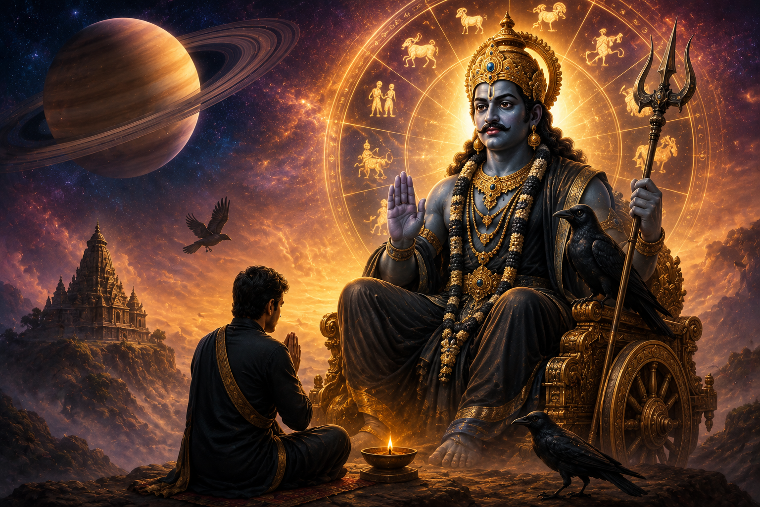 शनि देव की प्रतिमा के साथ ग्रह शनि का प्रतीकात्मक चित्र और 27 जुलाई 2026 से शनि वक्री होने का ज्योतिषीय संकेत