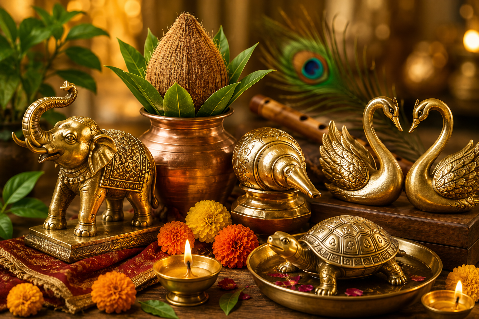 घर में रखें ये 5 शुभ वास्तु वस्तुएं, धन, समृद्धि और सकारात्मक ऊर्जा के लिए हाथी की मूर्ति, मंगल कलश, शंख, बांसुरी, हंस का जोड़ा और धातु का कछुआ।