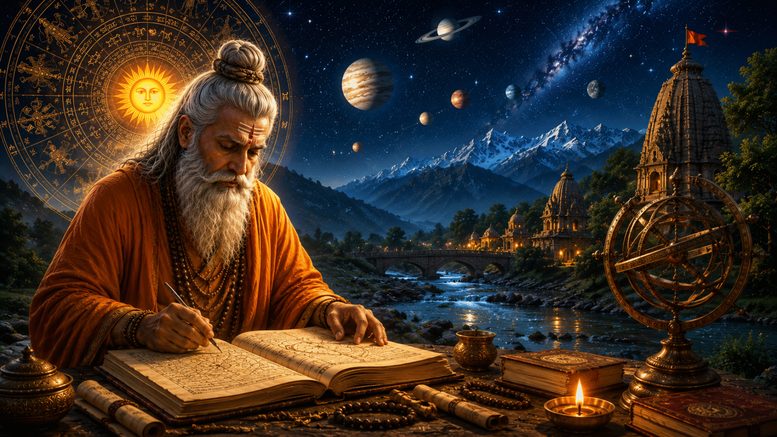 क्या ज्योतिष विज्ञान है? विज्ञान और ज्योतिष के संबंध को दर्शाता प्रतीकात्मक चित्र, जिसमें ग्रह, जन्म कुंडली, नक्षत्र और वैज्ञानिक तत्व शामिल हैं।