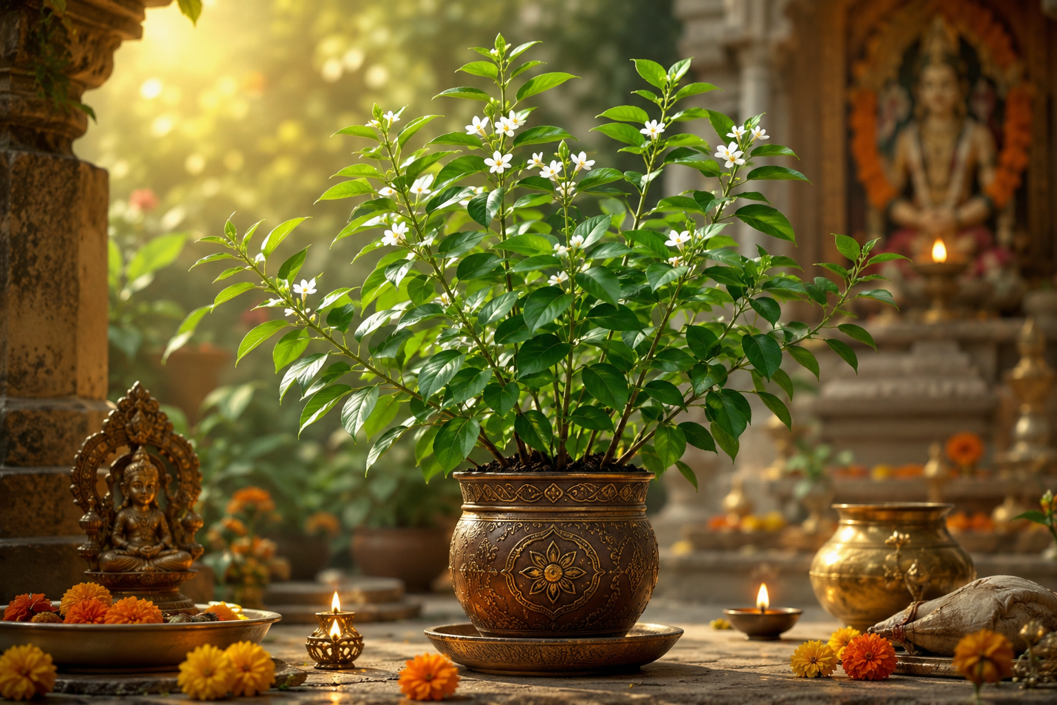 घर में लगा वैजयंती का पौधा, जो सुख-समृद्धि, सकारात्मक ऊर्जा और विजय का प्रतीक माना जाता है