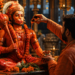भगवान हनुमान की प्रतिमा पर सिंदूर और चमेली का तेल चढ़ाते श्रद्धालु