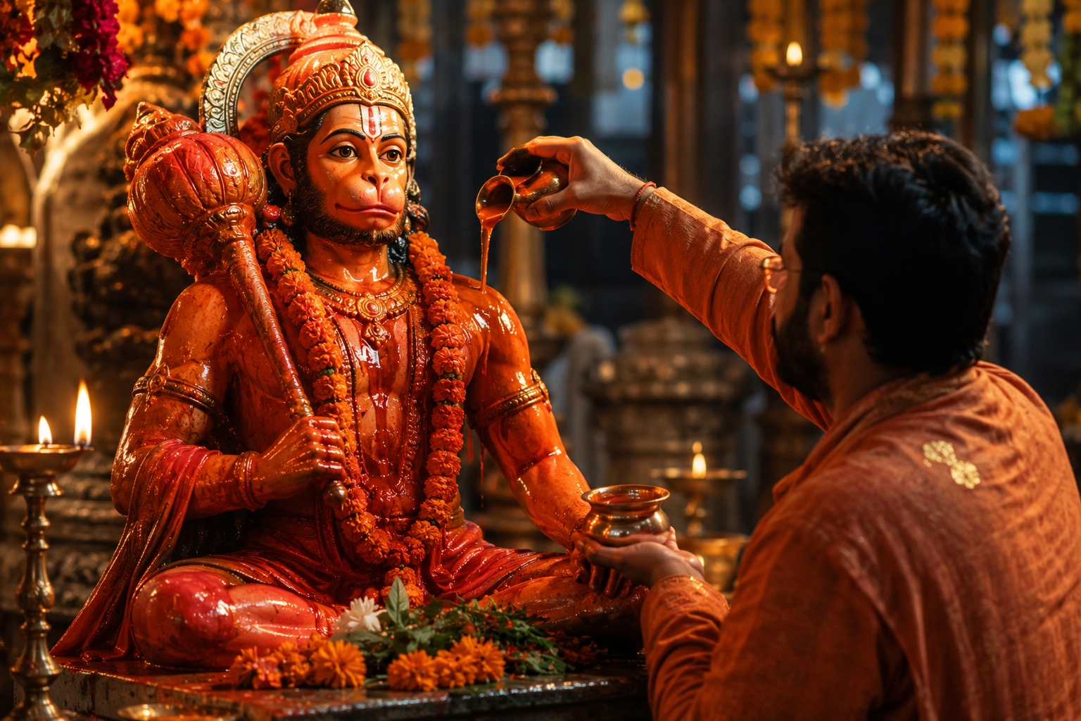 भगवान हनुमान की प्रतिमा पर सिंदूर और चमेली का तेल चढ़ाते श्रद्धालु