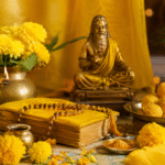 गुरु पूर्णिमा पर पीले वस्त्र धारण किए श्रद्धालु और भगवान विष्णु की पूजा का दृश्य