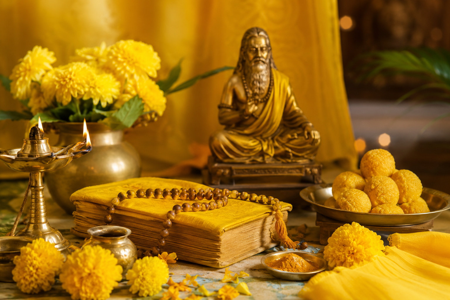 गुरु पूर्णिमा पर पीले वस्त्र धारण किए श्रद्धालु और भगवान विष्णु की पूजा का दृश्य