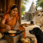 गाय और कुत्ते को पहली और आखिरी रोटी अर्पित करते हुए, सनातन धर्म की सेवा और करुणा की परंपरा का प्रतीक।
