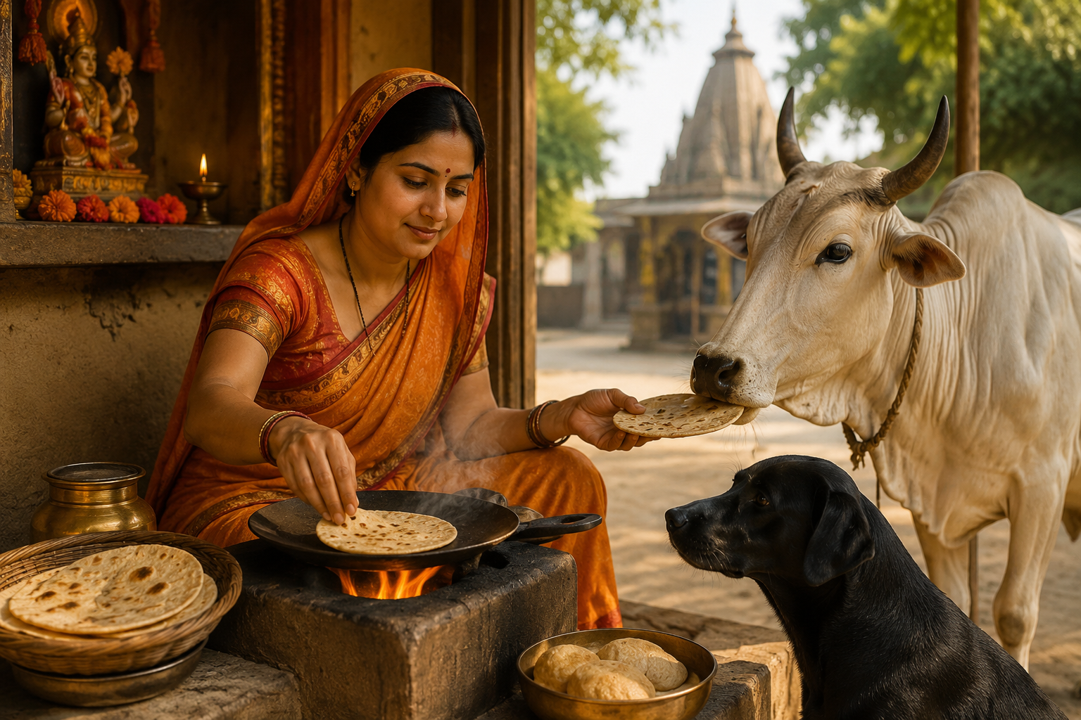 गाय और कुत्ते को पहली और आखिरी रोटी अर्पित करते हुए, सनातन धर्म की सेवा और करुणा की परंपरा का प्रतीक।
