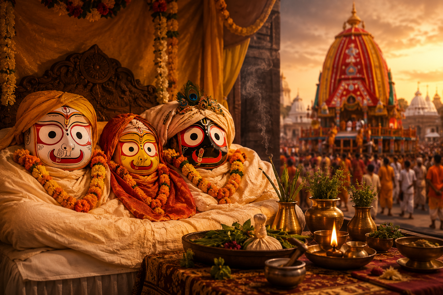 भगवान जगन्नाथ, बलभद्र और सुभद्रा की प्रतिमाएं, ज्वर लीला और रथयात्रा से पहले की पारंपरिक सेवा