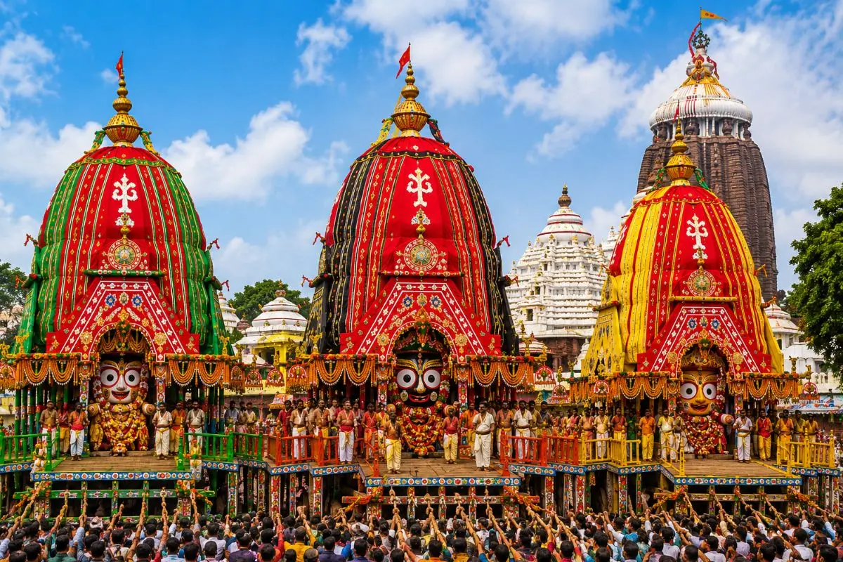 पुरी रथ यात्रा 2026 में भगवान जगन्नाथ, बलभद्र और देवी सुभद्रा के रथ, गुंडिचा मंदिर और मौसी मां मंदिर की झलक