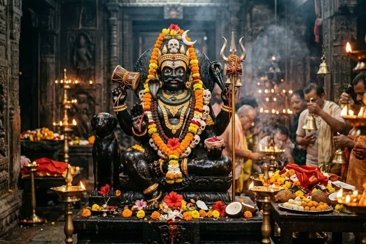 कालाष्टमी 2026 पर भगवान काल भैरव की पूजा करते श्रद्धालु, सरसों के तेल का दीपक और पूजा सामग्री के साथ।