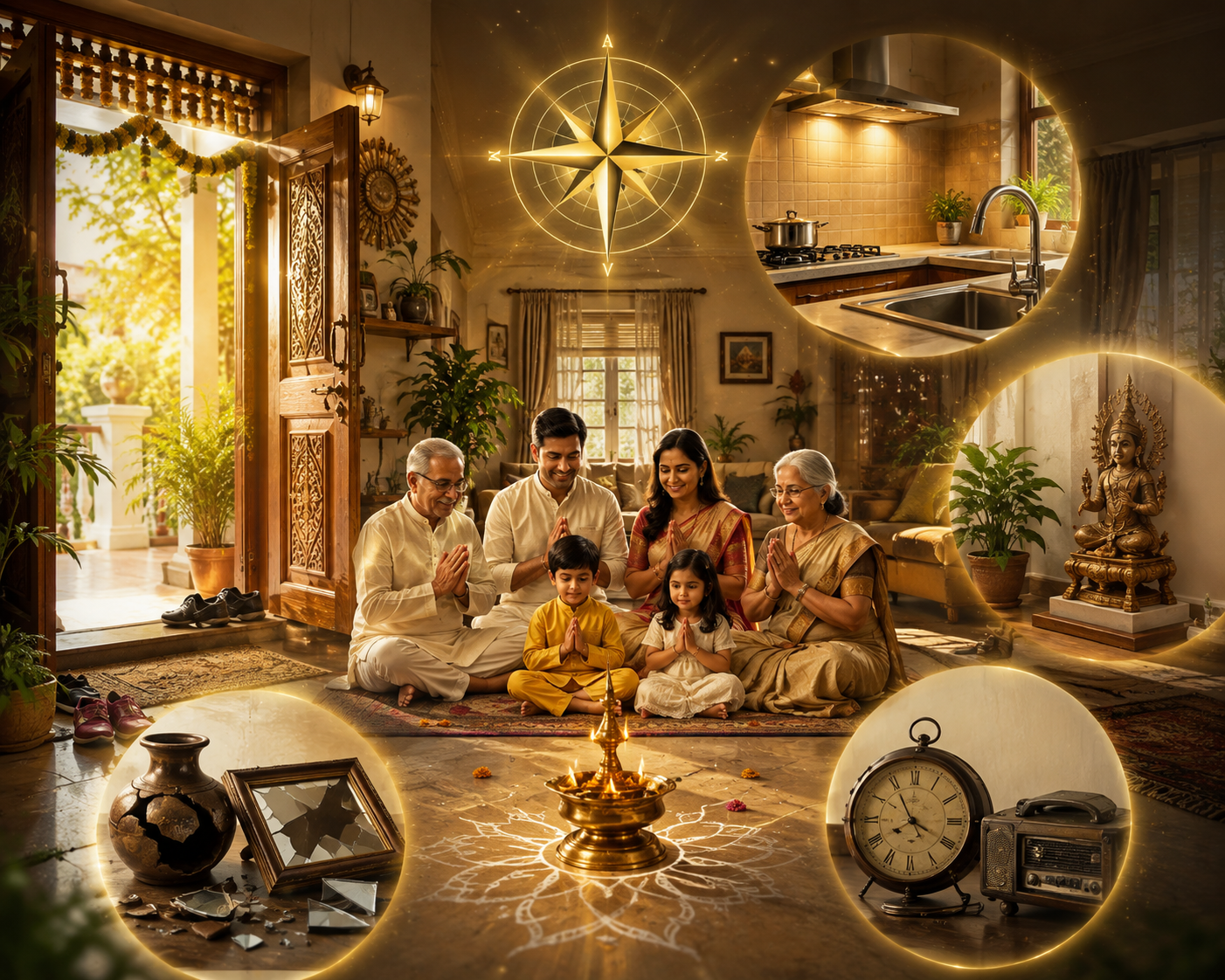 वास्तु शास्त्र के अनुसार शांत और सकारात्मक ऊर्जा से भरपूर घर का आध्यात्मिक दृश्य, जहाँ परिवार पूजा कर रहा है और स्वच्छ, व्यवस्थित वातावरण दिखाई दे रहा है।