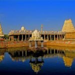 एकाम्रेश्वर मंदिर कांचीपुरम में माता पार्वती द्वारा रेत से बनाए गए शिवलिंग और प्राचीन आम के पेड़ का धार्मिक दृश्य