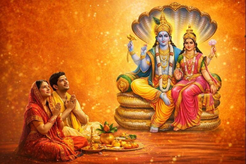 पुत्रदा एकादशी 2026 पर भगवान विष्णु और माता लक्ष्मी की पूजा करते श्रद्धालु