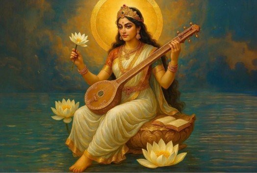 मां सरस्वती की वीणा धारण किए हुए दिव्य स्वरूप की छवि