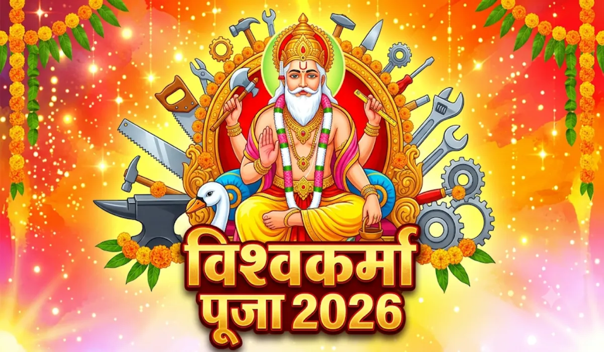 विश्वकर्मा पूजा 2026 की तारीख, कन्या संक्रांति और शुभ मुहूर्त दर्शाती भगवान विश्वकर्मा की तस्वीर