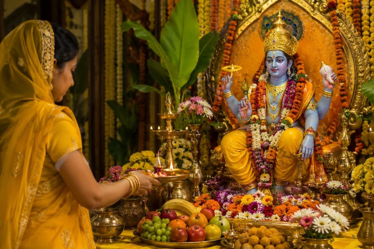 अजा एकादशी 2026 पर भगवान विष्णु और माता लक्ष्मी की पूजा करते भक्त