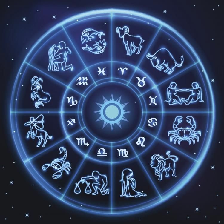 Blue glowing zodiac wheel featuring all 12 zodiac signs on a dark, starry background.