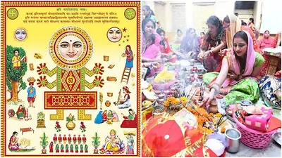करवा चौथ पर माता गौरी की पूजा करती महिला और पूजा की थाली में रखा मिट्टी का करवा