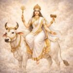 सफेद वस्त्र धारण किए वृषभ पर विराजमान मां महागौरी, हाथों में त्रिशूल और डमरू लिए देवी दुर्गा का आठवां स्वरूप
